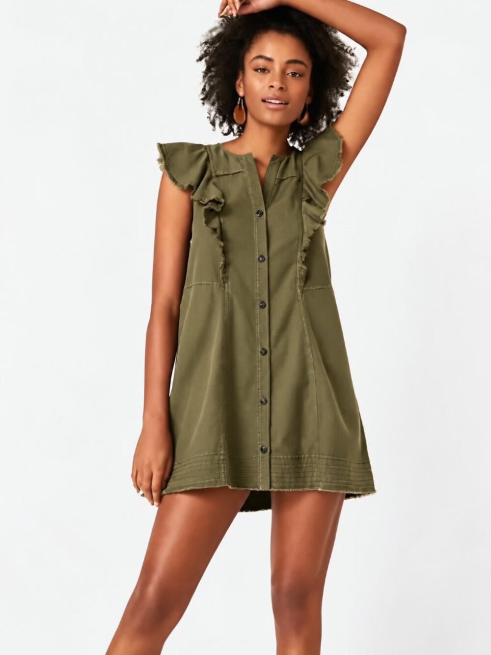 Anthropologie Olive Green Ruffle Button-Front Dress